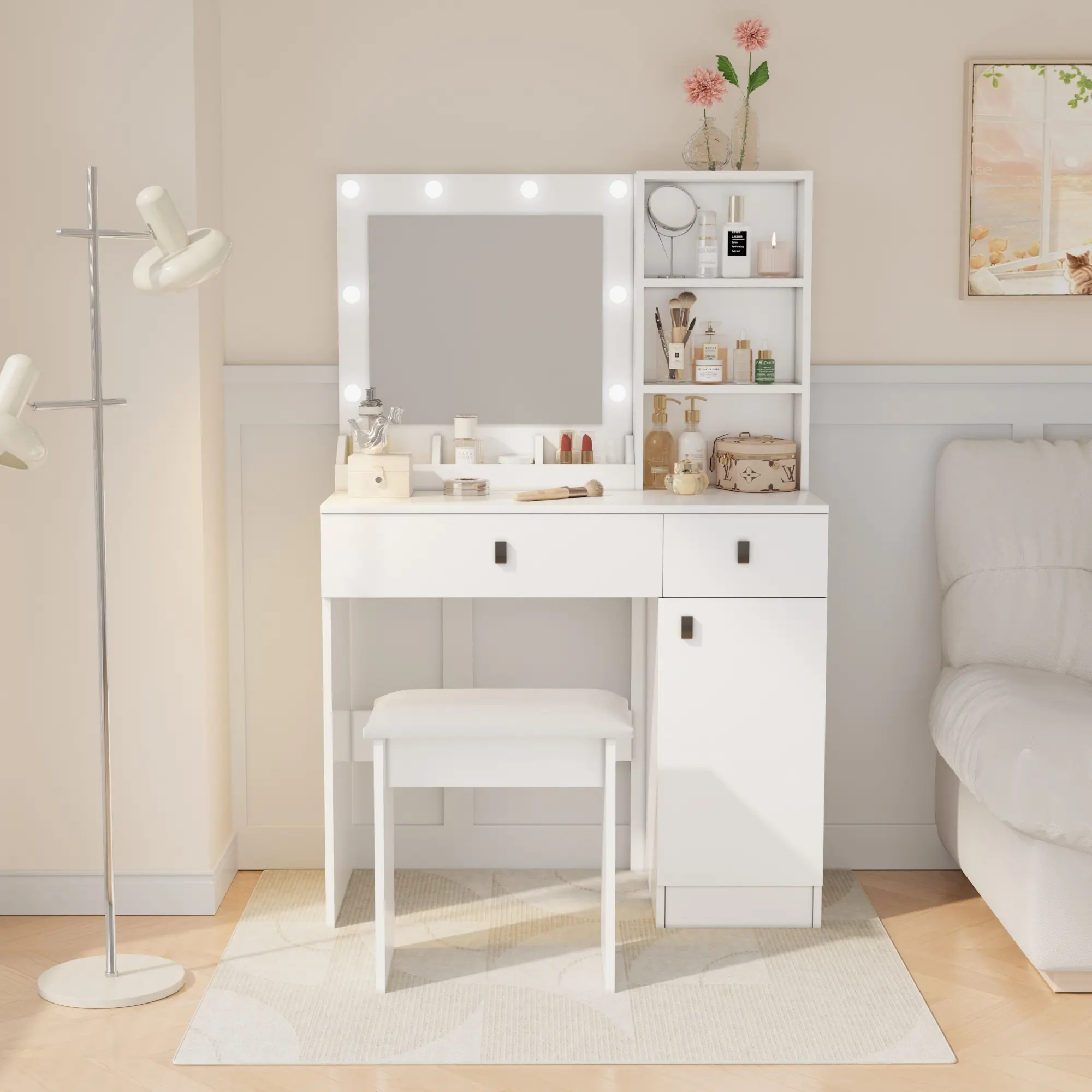 Makeup Vanity Desk Set with Mirror and Lights, Modern 35" Makeup Table with Drawers, Small Vanity Set with Shelves and Cushioned Stool, 3 Colors Lighting Adjustable Brightness for Women, White (2 Drawers)