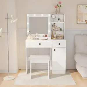 Makeup Vanity Desk Set with Mirror and Lights, Modern 35" Makeup Table with Drawers, Small Vanity Set with Shelves and Cushioned Stool, 3 Colors Lighting Adjustable Brightness for Women, White (2 Drawers)
