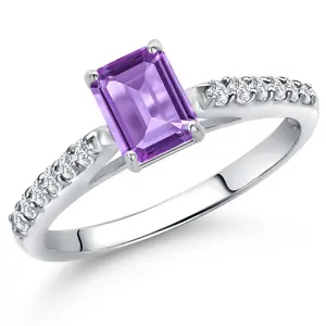 Gem Stone King 10K White Gold Gemstone Birthstone and Lab Grown Diamond Engagement Ring For Women | Emerald Cut 6X4MM | Available in Size 5,6,7,8,9