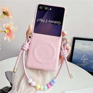 Luxury Shell Leather Magnetic Case For Samsung Galaxy Z Flip 7 6 5 5G ZFlip7 FE With Chain For Magsafe Hinge Shockproof Cover
