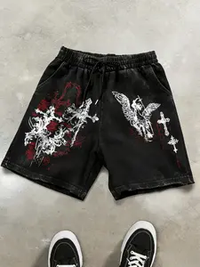 Unisex Gothic Graphic Print Washed Cotton Elastic Shorts, Casual Summer Wear, Comfortable and Stylish, Perfect for Daily Use, Men and Women