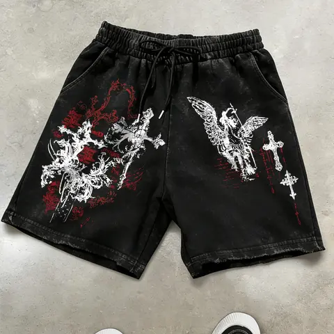 Unisex Gothic Graphic Print Washed Cotton Elastic Shorts, Fashionable Summer Shorts, Casual Summer Wear, Comfortable and Stylish, Perfect for Daily Use