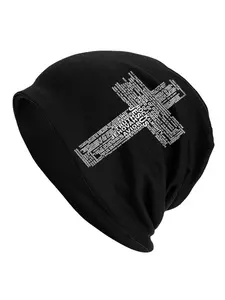 BIIHUDU Men'S Black Beanie with White Cross Design - "Jesus Christ" Text, Polyester Knit Hat for Casual Wear, Casual Headwear, Beanies