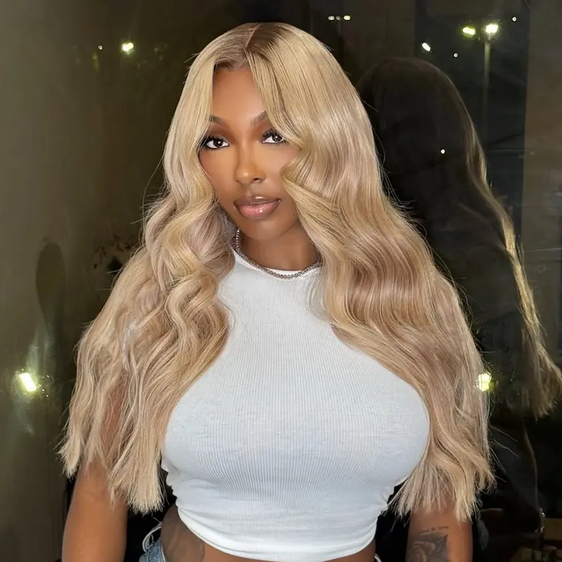 180% Density Ash Blonde Human Hair Body Wave Wig 13x6 Transparent Lace Front Stright Wigs Remy Hair For Women Ombre Brown Roots Ash Blonde Pre--Cut Lace Drawstring Colored Wig