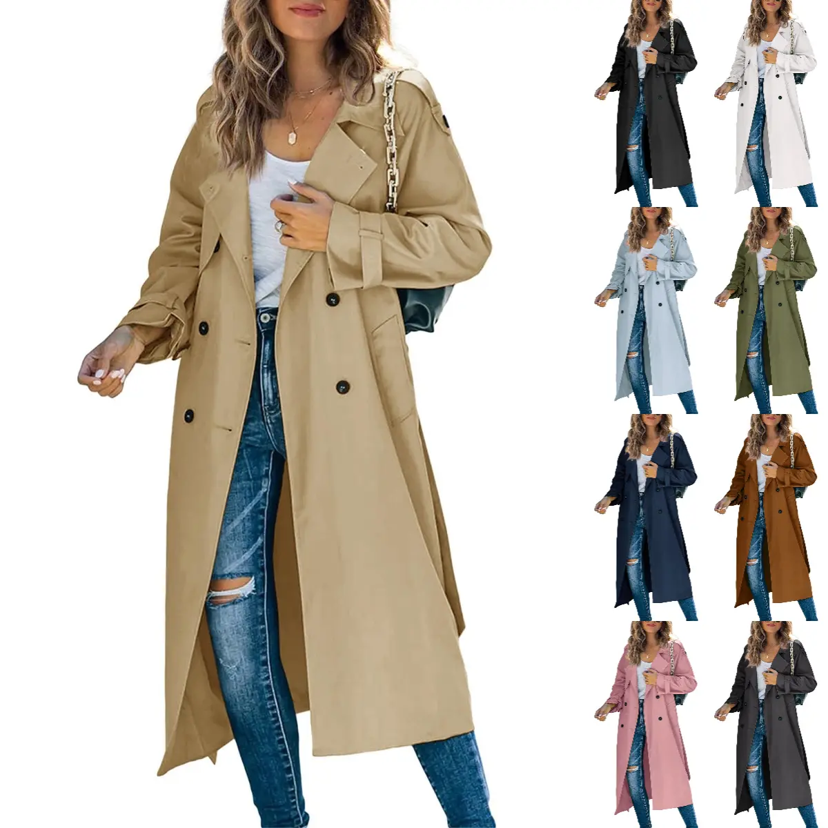 Goranbon Women's Double Breasted Long Trench Coat - Windproof, Classic Lapel, Fitted, Long Sleeve, Basic Polyester Slim Overcoat with Belt (Costume Option), Casual, Cotton