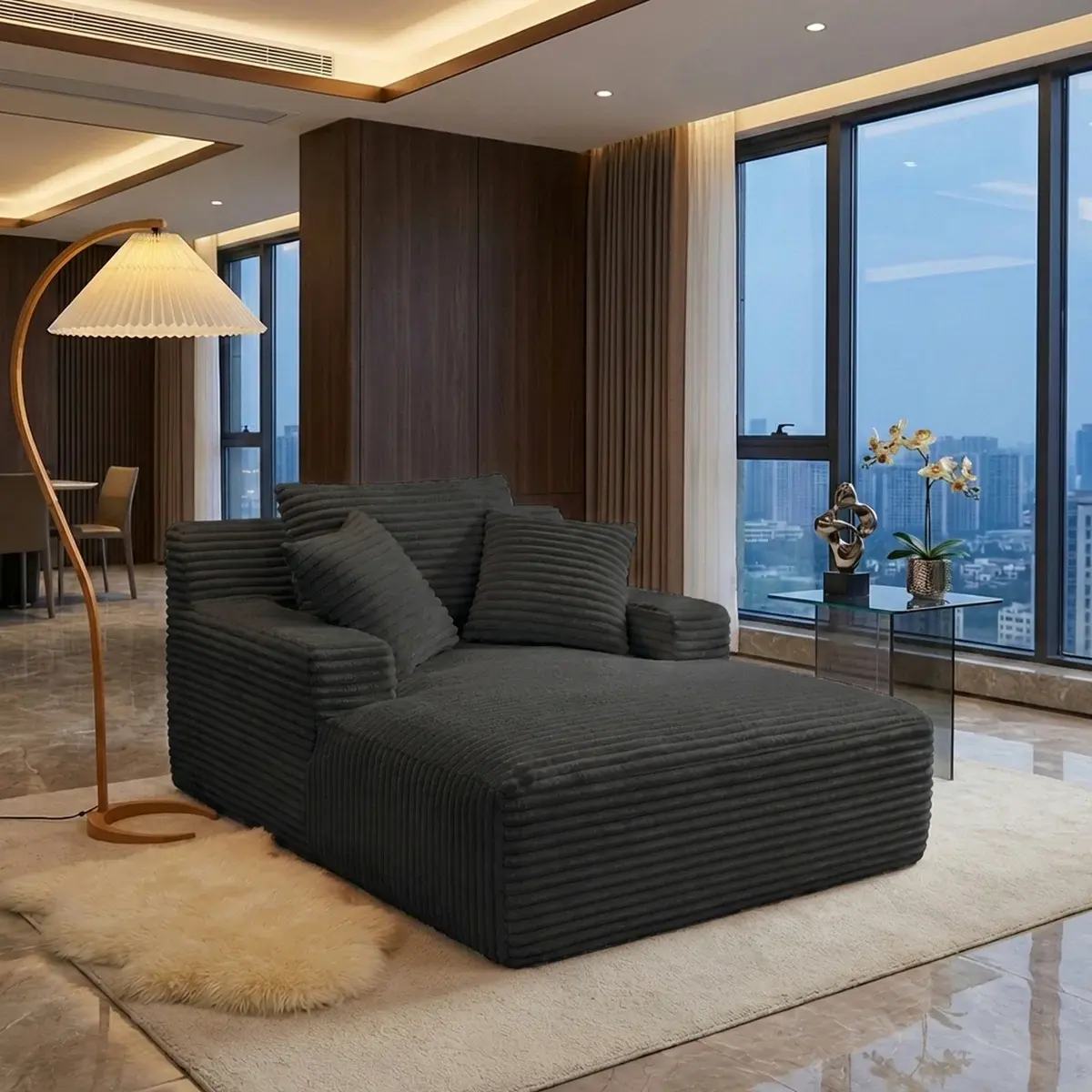 67‘’ Boneless Chaise Lounge, Upholstered Sofa Bed with Throw Pillows and Armrests, Couch Sectional, No Assembly Required, Indoor Sleeper Chair- Luxurious Plush Corduroy Chair Bed for Living Room Foam Comfy