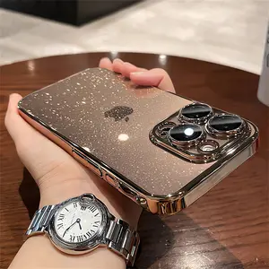 Luxury Transparent Glitter Clear Slim Case For iPhone 12 13 14 Plus 15 16 17 Pro Max Electroplated Gold Bumper Hard Plastic Cover
