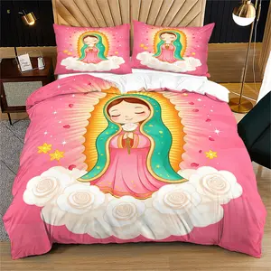 Cartoon Q-style Guadalupe Madonna print pattern soft and durable bedding duvet cover set, including 1 duvet cover and 1 or 2 pillowcases, without a core or pillow, suitable for children or adults as gifts, modern style fashionable bedroom bed decoration