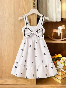 Girls' Floral Pattern Strap Dress, French Vintage Style High Waist Gathered Design, Bow, Lightweight Breathable Comfort, Perfect for Daily & Birthdays, Ditsy Floral Dress