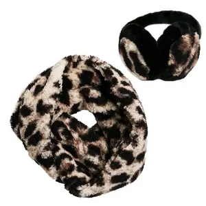 Women's 2-Piece Bold Print Sherpa Fleece Infinity Scarf and Faux Fur Muffs Set, Warm Winter Fashion Accessory, Leopard Camo Design