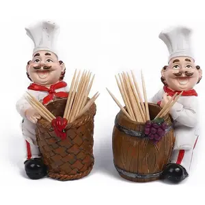 Funny Chef Toothpick Holder Figurine, Resin Kitchen Decor Statue with Wooden Barrel Container, Cute Chef Countertop Decoration for Kitchen Table, Restaurant, Bar, Coffee Station