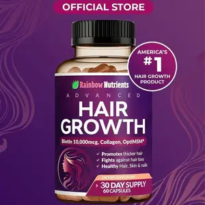 Rainbow Nutrients 24-in-1 Advanced Hair Growth Vitamins with 10000mcg Biotin, Collagen, OptiMSM, goMCT, Saw Palmetto – 60-Day Supply