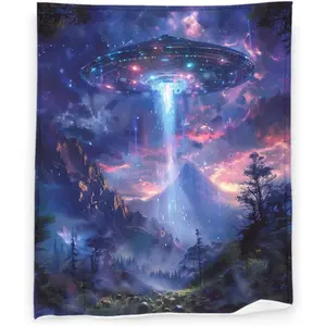 UFO 60" x 80" Night Scenery with Aliens Space Travel Science Super Soft Bedding Fleece Throw Blanket Luxury Bed Blanket Sofa Living Room Bedroom Warm Lightweight for Men and Women