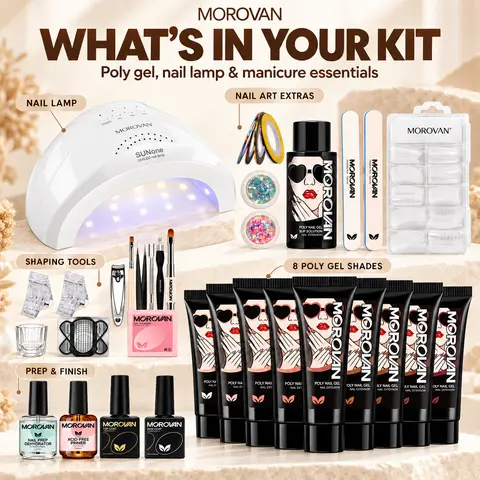 MOROVAN Poly Gel Set with Botanical Extracts - Beginner-Friendly 24-Month Manicure Nail Art All-In-1 Extension Starter Kit, UV LED Lamp, Step-by-Step Guide, Ideal Selfcare Gift for Women (Christmas, Birthdays)