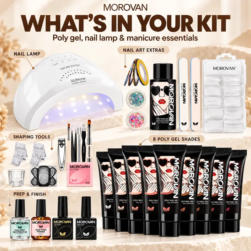 MOROVAN Poly Gel Set with Botanical Extracts - Beginner-Friendly 24-Month Manicure Nail Art All-In-1 Extension Starter Kit, UV LED Lamp, Step-by-Step Guide, Ideal Selfcare Gift for Women (Christmas, Birthdays)