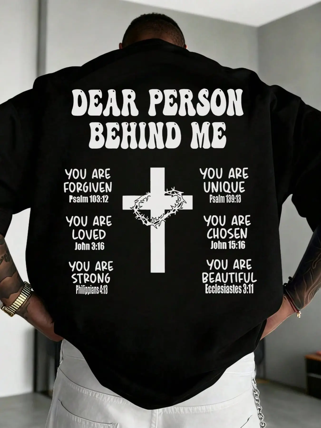 Men's Casual Short Sleeve Fitted T-Shirt, Faith Inspiration Street Style Streetwear, Bible Verse & Cross Graphic Pattern, Daily Wear, Spiritual Encouragement Clothing, Casual Graphic Design, Menswear