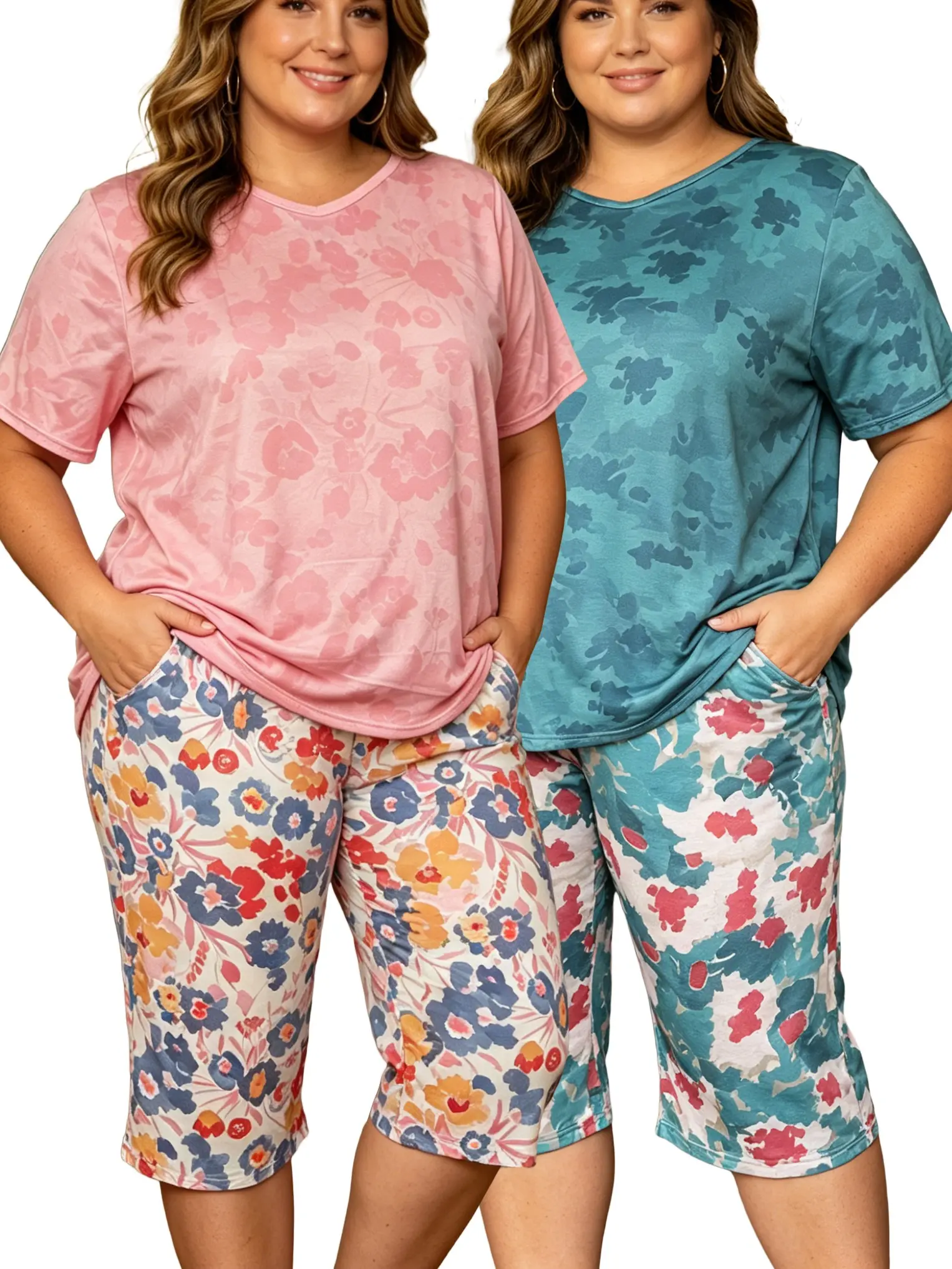 Women's 2-Piece Loungewear Set - Soft Pajama for Casual Home Wear, Comfortable Sleepwear for Women Plus size 1XL-5XL Pocket  Womenswear Homewear Pjs Curvy Cute Elastic Floral Knit Comfy Breathable Pants Fit Fabric