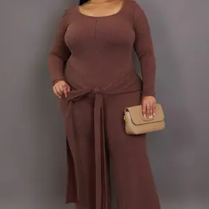 Ribbed Fitted Jumpsuit with Attached Belt, Low Neckline, Wide Leg Fit, Mineral Was Fabric Look for Baby showers or Brunch