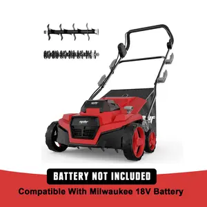 Cordless 15IN 2-in-1 Scarifier & Dethatcher Compatible with Milwaukee 18v Battery (Tool Only), 12 Gal Collection Bag, Air Boost Technology, Quick Fold & 3 Adjustable Position, Walk-Behind for Lawn Care