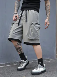 Men's Summer Solid Color Cargo Shorts with Drawstring Waist and Pocket Flap Design, Comfortable Everyday Wear for Outdoor Activities