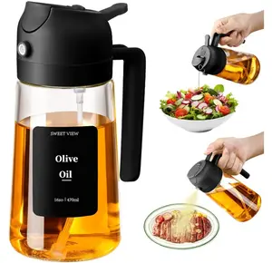 Olive Oil Sprayer for Cooking, 470ml 2 In 1 Glass Oil Dispenser/Pour Bottle, Kitchen Accessories, Kitchen Gadgets for Air Fryer, Salad, BBQ (Black)