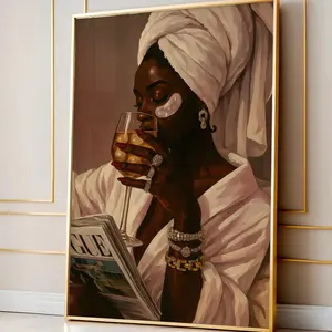 Stylish Black Woman Bathroom Wall Art Home Decor Artwork Pink Towel Golden Shades Wine Glass Modern Fashionable Glamour Chic Illustration
