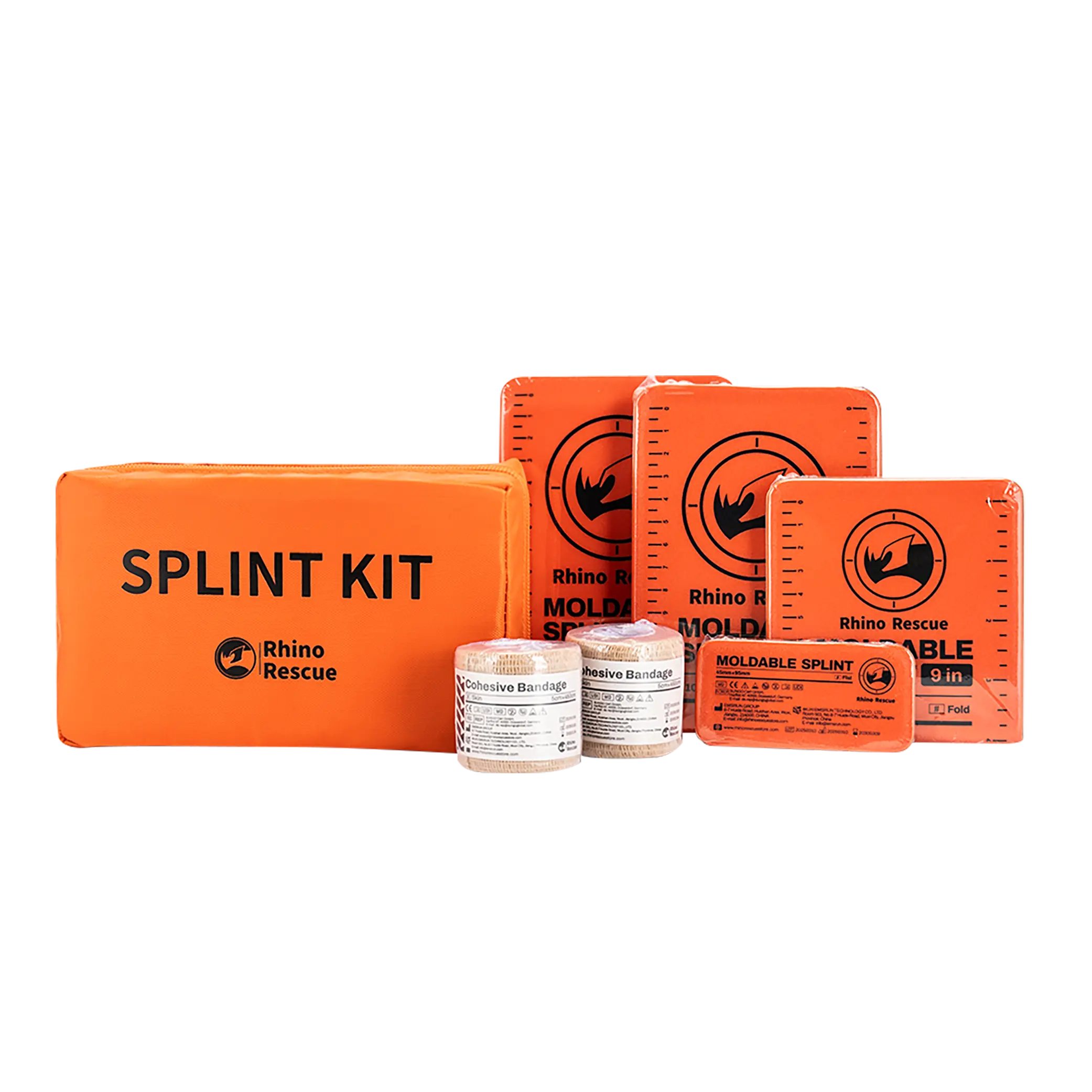 RHINO RESCUE Multi-Size Reusable Lightweight Aluminum Foam First Aid Splint (Orange-Gray, 3.7in-9in-18in-36in) - 6-Piece Compact Roll-Up Bundle Pack, Secure, Supports Bones, Fits Medical Bags for Ski Patrols, Support Bones, Tactical Pouch