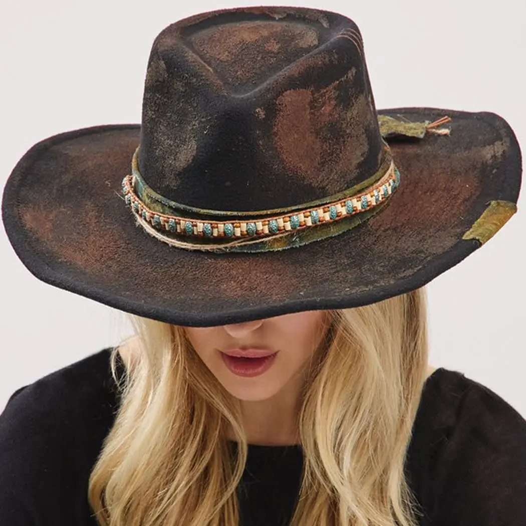 Vintage Versatile Shapeable Cowgirl & Fedora Hat With Distressed Fabric Band One Size 100% Polyester Stylish Bow Decorative Details Cowboy Hat hats for men hats for women