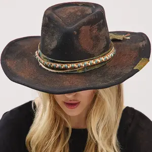 H&D Accessories Vintage Versatile Shapeable Cowgirl & Fedora Hat With Distressed Fabric Band One Size 100% Polyester Stylish Bow Decorative Details