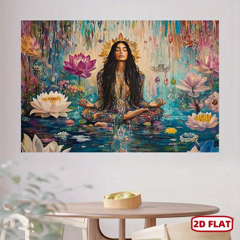 2D Flat Mystical Meditation Lotus Tapestry Vibrant Spiritual Wall Art with Serene Woman in Pose Colorful Flowers Butterflies Perfect for Christmas New Year Special Occasions Polyester Decor