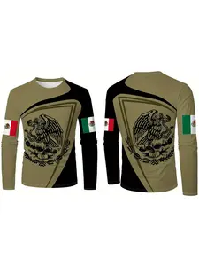 Men's Mexico Flag 3D Print Long Sleeve T-Shirt, Eagle & Aztec/mayan Pattern, Casual Mexican National Pride Clothing
