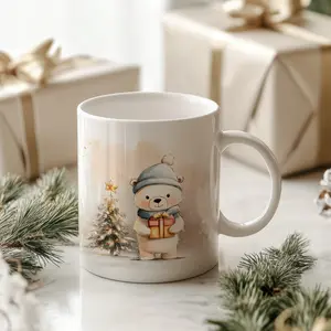 Kids Christmas Mug with Teddy Bear Hot Chocolate Cup Cute Glossy Ceramic Gift for Children Xmas Eve Box Filler Dishwasher Safe
