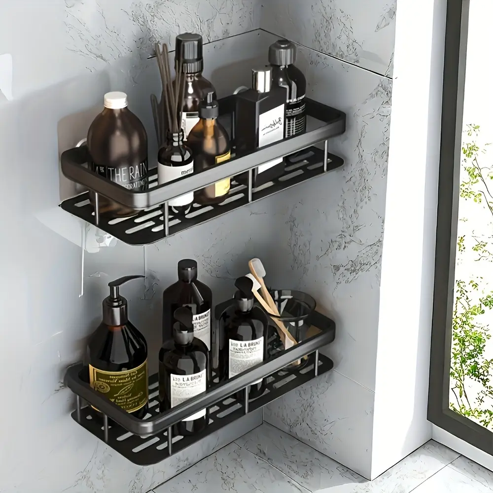 2-Pack Modern Rust-Resistant Black Metal Drill-Free Wall-Mounted Shower Organizer Set, No-Drilling Installation, Polished Finish, Compact Space-Saving Bathroom Storage for Shampoo, Conditioner, Modern Shower Organiser, Rust-Resistant Shower Organiser