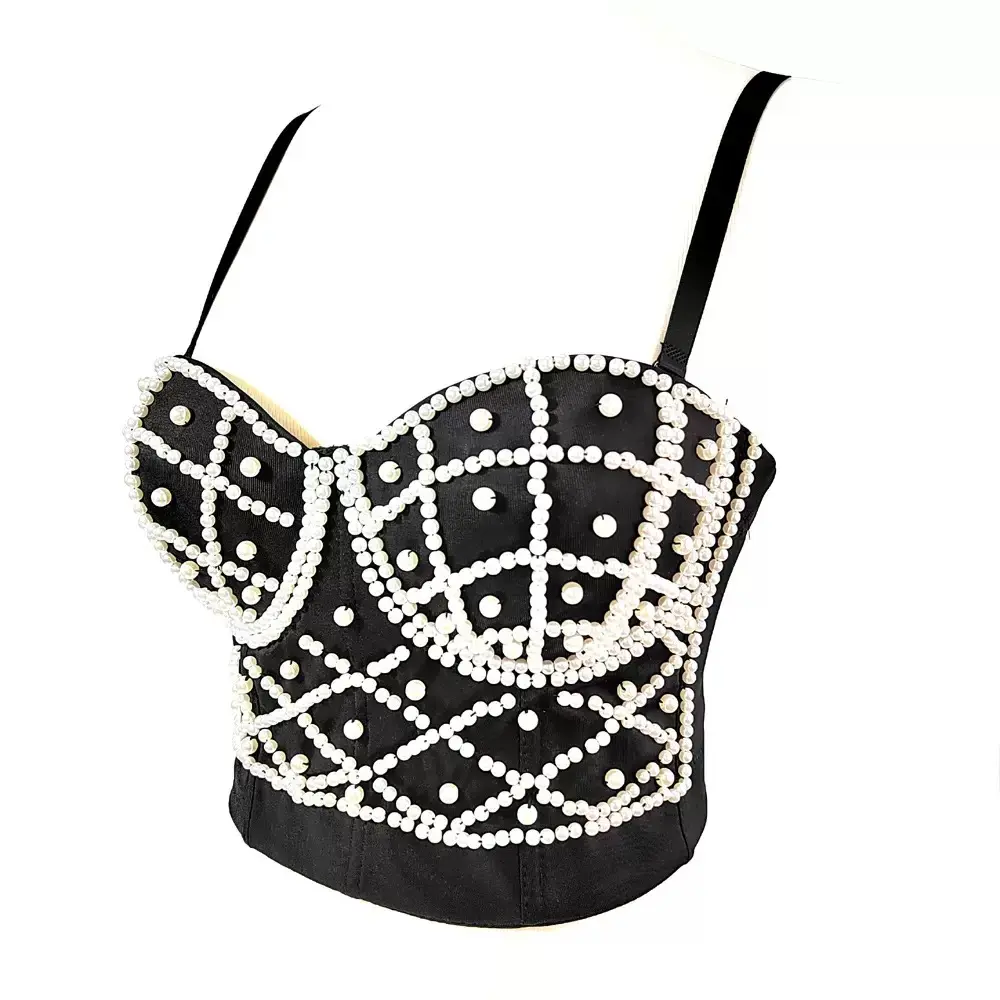 Handmade Geometric Beaded Corset Crop Top, Women's Sexy Sleeveless Fishbone Vest for Party & Rave Outfits, Black Beads On White Background
