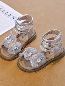 Girls' Mesh Flower Pearl Roman Sandals, Sweet Princess Style, Non-Slip Soft Sole, Velcro Closure, Summer School/party/bridal Party Shoes