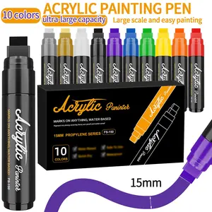 10 Color Giant Permanent Markers, 15mm Tip Width, Thick Paint Acrylic Pens for Rock Painting and Sign Making, Canvas and Wood Use, Waterproof Acrylic Pen
