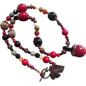 Red Acorn Necklace & Earrings Set Handmade Fall Jewelry Autumn Beads Copper Toggle Leaf Clasp 20" Necklace 2 ¾" Earrings for Women