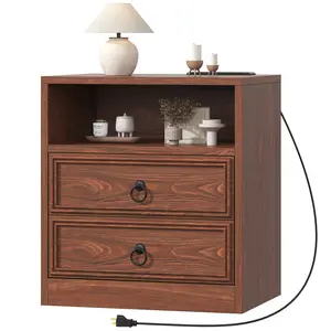 Farmhouse Nightstand with Charging Station, 21.7" Wide End Table with 2 Drawers & Open Compartment, Cherry Wood Side Table, Bedside Table for Bedroom, Living Room, Sofa