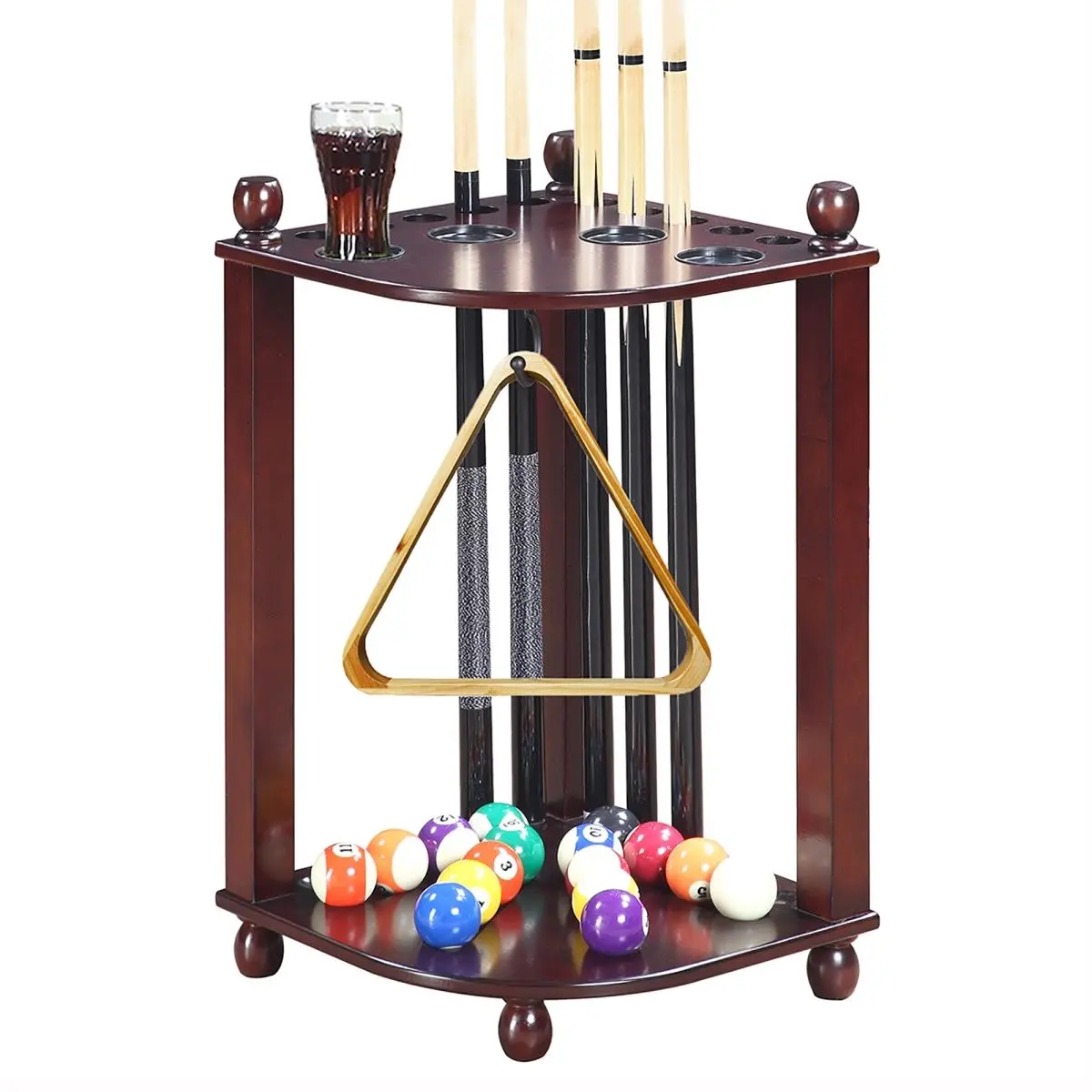 Carmelli Regent Mahogany Wood Corner Floor Cue Rack, Holds Billiard & Snooker Balls and Cues, Budget-Friendly Game Room Organizer, Holds Billiard And Snooker Balls & Cues