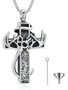 1 Pcs Cross Cremation Jewelry Urn Necklace for Human Ashes Fish Hook Memorial Urn Pendant Deer Antler Cross Ashes Holder Keepsake Jewelry Cross Charm Necklace