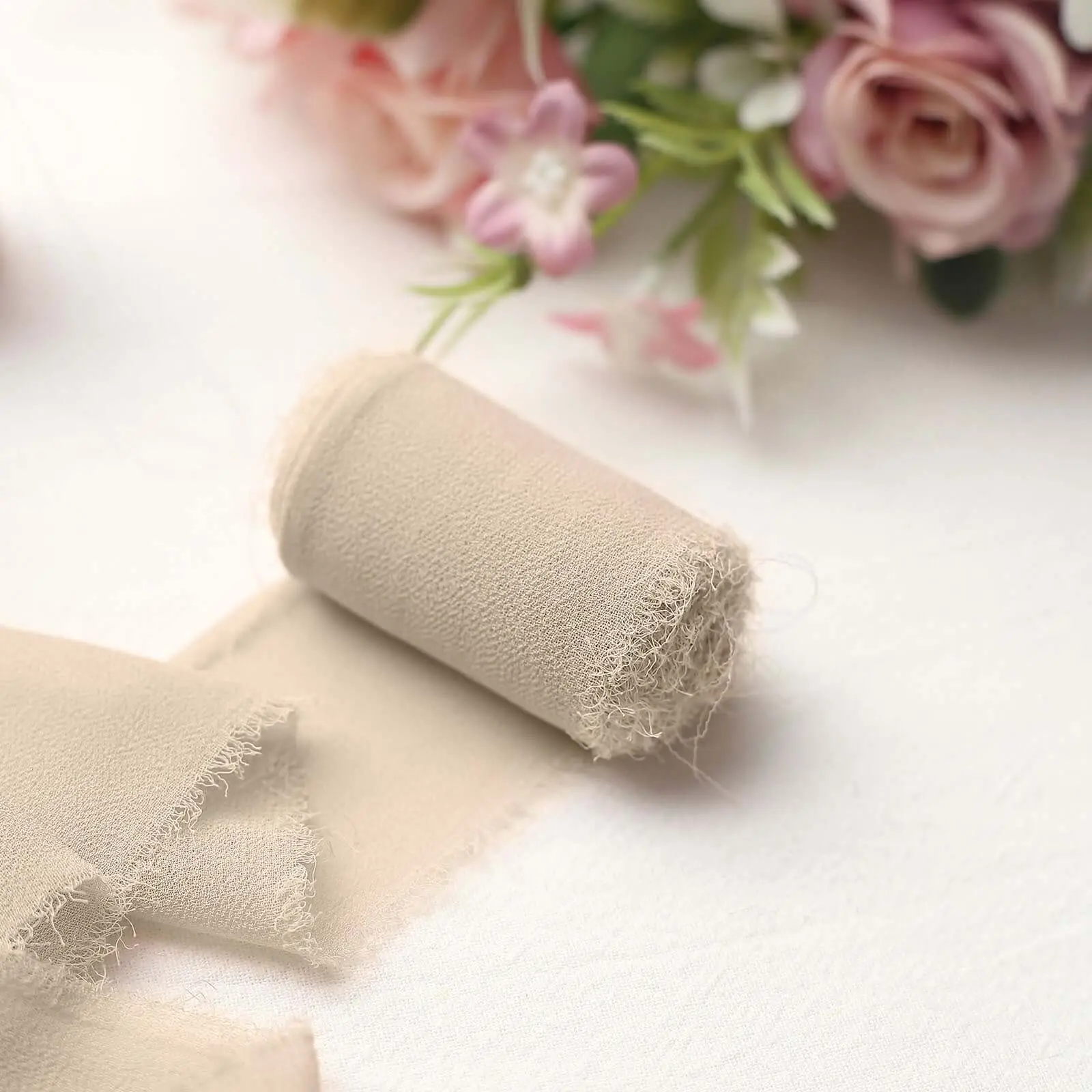 2 Pack Nude Silk-Like Chiffon Ribbon Rolls - Sewing Accessory for Bridal DIY Wedding Bouquet Wrap, Gift Wrapping, Backdrop Decorations, Invitation Cards, DIY Crafts, 6yds Each