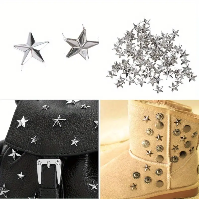 100pcs 10mm/0.39in Star Rivets Silver Metal Handcraft Leather Craft DIY Studs Spikes Spots Nailhead Rock Punk Garment Sewing Decoration Clothing Accessories Eid Al-Adha Mubarak