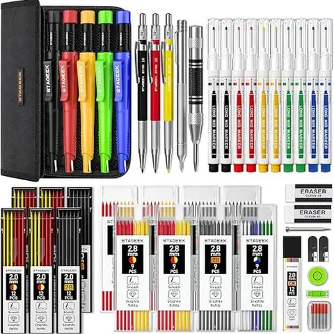 STAGEEK 38-Piece Multifunctional Tool Pen Pencils Kit - Drawing Supplies, Pens for Work, 108 Refill Colors, 2 2.0mm Lead Sharpeners, 2 Erasers, Deep-Hole Markers, Metal Grip Automatic Center Punch, Carbide Scribe for Metal Glass Tile Wood, Woodwork Case