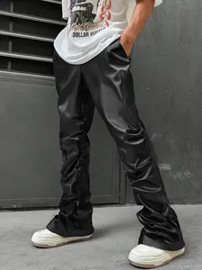 Men's Solid Color PU Leather Pants, Fashion Casual Comfy Regular Fit Fabric Street Style Skinny Casual Streetwear Trousers for Daily Wear, Men's Bottoms for All Seasons