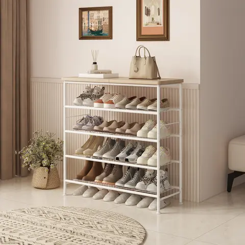 SUOERNUO Free Standing Metal Shoe Rack Organizer - 4/5/6-Tier, MDF Top Board, Stackable, Easy Numbered Assembly, Furniture for Small Spaces, Floor-Mounted Hallway Furniture, Multi-Level Open Shelving for Closet Entryway, Storage for Shoes Bags Plants