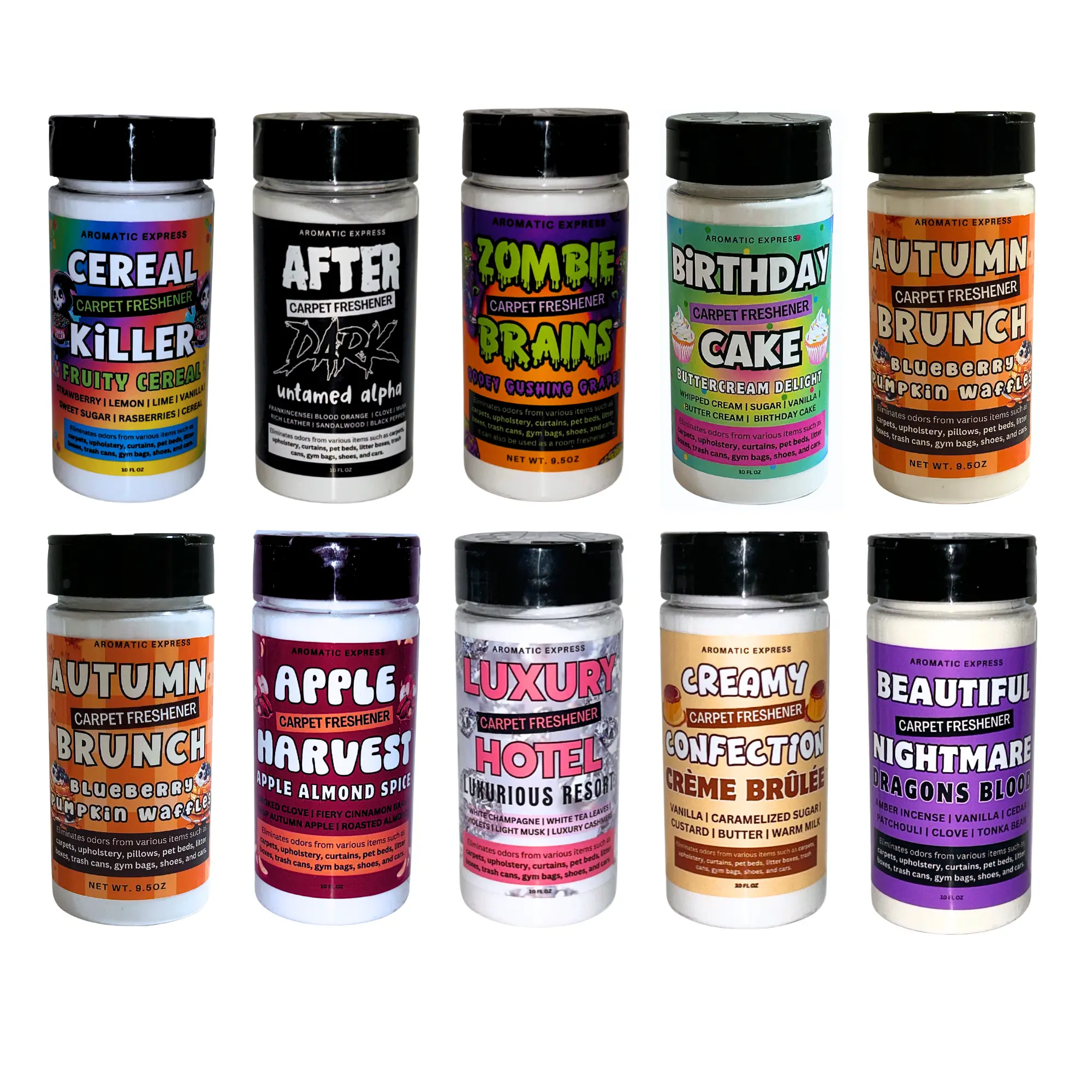 Aromatic Express 10oz Sprink Jar Carpet Freshener Odor Eliminating Powder Smooth Pour Multi Surface Cleaner for Carpets Rugs Furniture Shoes & More