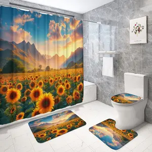 Luxury Shower Curtain Set with Sea Lily Design, Bathroom Decor Gift, Includes 12 Hooks, Non-Slip Bath Mat, U-Shaped Pad, Toilet Seat Cover