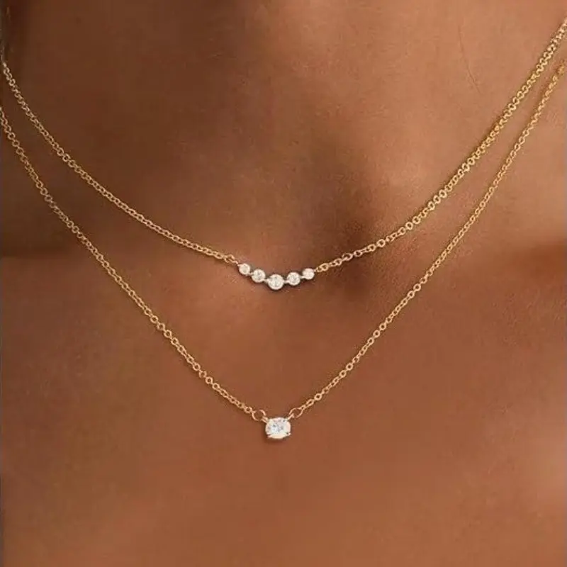 Women's Non-Tarnish 2-Piece Layered Cubic Zirconia Necklace Set - Metal-Coated Dainty CZ Pendant Chokers, Adjustable Waterproof Stackable Clavicle Chains with Rhinestone Accents, Daily Wear Necklace, Valentine's Day Gift, Two Piece Set