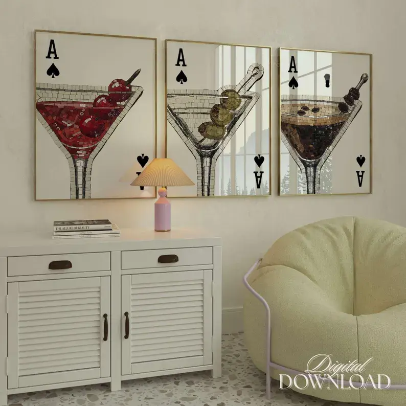 Ace Card Martini DIGITAL Print, Set Of 3 Printable Gallery Wall Set, Extra Dirty Mosaic Martini Cocktail Poster, Maximalist Bar Cart Decor