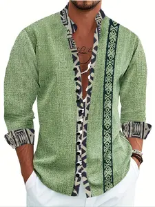 Men's Casual Fashion Ethnic Style Long Sleeve Shirt, Geometric Pattern, High-Quality Fabric, Artistic Design, All Seasons Wear, Aesthetic